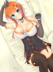  armpits artist_name azur_lane bare_shoulders beagle bell black_gloves black_thighhighs blue_eyes blunt_bangs breasts cleavage closed_mouth collar commentary_request covered_nipples elbow_gloves female foxhound_(azur_lane) foxhound_(retrofit)_(azur_lane) gloves hair_ornament hairclip halterneck highres jingle_bell large_breasts looking_at_viewer lying mattress miniskirt miss_non neck_bell on_back orange_hair pleated_skirt short_hair_with_long_locks sidelocks skirt smile solo thighhighs underbust 