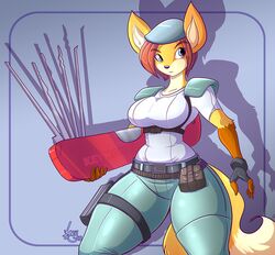  2015 alternate_species anthro big_breasts breasts canid canine capcom clothed clothing cosplay digital_media_(artwork) female fox jaeh jill_valentine lockpick mammal resident_evil solo 