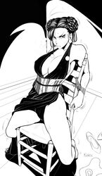  alternate_costume angry barefoot black_&amp;_white bondage bondage bound breasts capcom chair china_dress chinese_clothes chun-li cleavage double_buns dress female hair_bun indoors kidetic looking_at_viewer monochrome restrained shaking shoes_removed solo street_fighter sweat 