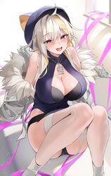  :d absurdres ahoge bare_shoulders black_bra black_shorts blonde_hair blue_hat blue_sweater blurry blurry_background blush bra breasts choyeon cleavage cleavage_cutout clothing_cutout commentary_request female fur-trimmed_jacket fur_trim garter_straps hat highres jacket jewelry korean_commentary large_breasts light_particles long_hair long_sleeves looking_at_viewer micro_shorts multicolored_hair necklace never_bite off_shoulder open_clothes open_jacket open_mouth original purple_eyes ribbed_sweater shorts smile solo sweater thighhighs two-tone_hair underwear virtual_youtuber white_footwear white_hair white_jacket white_thighhighs window 