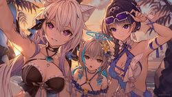  3girls animal_ear_fluff animal_ears blue_eyes blunt_bangs braid braided_ponytail breasts bronya_zaychik bronya_zaychik_(herrscher_of_truth) cat_ears cleavage collarbone commentary diamond-shaped_pupils diamond_(shape) english_commentary eyewear_on_head grey_hair grin highres hollyyn honkai_(series) honkai_impact_3rd kiana_kaslana kiana_kaslana_(herrscher_of_finality) kiana_kaslana_(selenic_ripples)_(honkai_impact) large_breasts long_hair looking_at_viewer multiple_girls official_alternate_costume open_mouth outdoors ponytail purple-tinted_eyewear purple_eyes purple_hair raiden_mei raiden_mei_(crooning_tides)_(honkai_impact) raiden_mei_(herrscher_of_origin) selfie smile sunset swimsuit symbol-shaped_pupils tinted_eyewear white_hair 