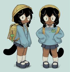  backpack black_hair bottomwear canid canine clothed clothing dark_body dark_skin eyewear female fully_clothed glasses gorarati hair hat headgear headwear hi_res humanoid kindergarten_uniform looking_at_viewer mammal school_uniform simple_background skirt solo tail uniform young 