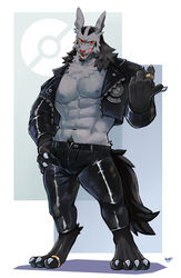  abs absurd_res anthro black_body black_fur bottomwear canid canine canis claws clothed clothing dark4202n digit_ring digitigrade ear_piercing feet finger_ring fur generation_3_pokemon grey_body grey_fur hi_res jacket jewelry leather leather_bottomwear leather_clothing leather_jacket leather_pants leather_topwear male mammal mightyena muscular muscular_anthro muscular_male neck_tuft nintendo nipples open_clothing open_topwear pants pecs piercing pokemon pokemon_(species) red_eyes ring ring_(jewelry) simple_background solo tail toe_ring toes topwear tuft white_background yellow_sclera 