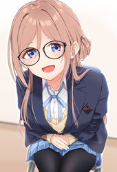  bespectacled black-framed_eyewear black_pantyhose blazer blue_eyes blue_jacket blue_ribbon blue_skirt blush breasts brown_hair female gakuen_idolmaster glasses hair_bun hatsuboshi_gakuen_school_uniform highres himesaki_rinami idolmaster jacket large_breasts looking_at_viewer neck_ribbon on_chair pantyhose pleated_skirt ribbon school_uniform shirt silver116 single_side_bun sitting skirt smile solo sweater white_shirt yellow_sweater 