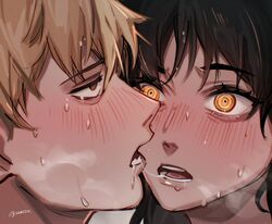  1boy after_kiss black_hair blonde_hair blush brown_eyes chainsaw_man chainsaw_man&#039;s_handjob_scene close-up denji_(chainsaw_man) eyelashes female grey_background hair_between_eyes hashtag-only_commentary mitaka_asa nose_blush orange_eyes parted_lips sakichka saliva saliva_trail simple_background spiked_hair straight sweat twitter_username 