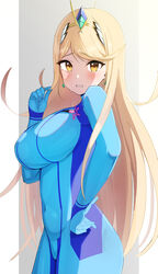  absurdres alternate_costume blonde_hair blue_bodysuit blush bodysuit breasts commentary_request cosplay covered_navel earrings female hand_on_own_hip headpiece highres impossible_bodysuit impossible_clothes jewelry large_breasts long_hair looking_at_viewer metroid mythra_(xenoblade) nervous oruru63100814 parted_lips samus_aran samus_aran_(cosplay) skin_tight solo swept_bangs tiara very_long_hair xenoblade_chronicles_(series) xenoblade_chronicles_2 yellow_eyes zero_suit 