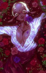  +_+ bonbondecitron breasts collarbone dark-skinned_female dark_skin english_commentary fangs female flower forehead frilled_shirt_collar frills frye_(splatoon) highres large_breasts leaf long_sleeves looking_at_viewer pink_flower pink_rose purple_flower purple_rose red_flower red_rose rose shirt solo sparkle splatoon_(series) splatoon_3 upper_body white_shirt yellow_eyes 