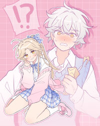  !? 2boys @_@ absurdres ahoge alternate_hairstyle androgynous ankle_socks between_legs bishounen blonde_hair blue_skirt blush bow butterfly_cut cardigan_partially_removed carton clenched_hand crossdressing crossed_bangs double-parted_bangs drop_shadow fading footwear_bow grey_hair hairbow hana97_58 hand_between_legs hand_up highres honkai:_star_rail honkai_(series) jing_yuan long_hair long_sleeves male_focus middle_part multiple_boys nervous_sweating nose_blush off_shoulder outline pink_background pink_bow pink_footwear plaid_clothes plaid_skirt pleated_skirt ponytail projected_inset short_hair sitting skirt socks speech_bubble spill sweat teeth wariza wavy_mouth white_outline white_socks yanqing_(honkai:_star_rail) yaoi yellow_eyes 