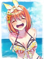  arms_behind_back bikini blush breasts breasts_apart closed_eyes collarbone female flower go-toubun_no_hanayome hair_flower hair_ornament hair_ribbon highres horizon leaf_print medium_breasts nakano_yotsuba ocean open_mouth orange_hair outdoors print_bikini ribbon short_hair sky smile solo swimsuit teeth twitter_username upper_teeth_only yellow_bikini yellow_ribbon yu_(flowerbird3830) 