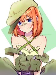  bandaid bandaid_on_face bandaid_on_nose bare_shoulders beret blue_eyes blush bra breasts cleavage closed_mouth criss-cross_halter dress female go-toubun_no_hanayome green_bra green_dress green_hat halterneck hat highres looking_at_viewer nakano_yotsuba off_shoulder orange_hair short_hair solo underwear upper_body yu_(flowerbird3830) 