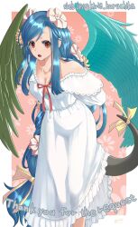  absurdres angel_wings artist_name asymmetrical_wings bare_shoulders blue_hair border braid braided_ponytail breasts cleavage collarbone commission dated dizzy_(guilty_gear) dress english_commentary english_text female floral_background flower guilty_gear guilty_gear_strive hair_flower hair_ornament highres long_hair looking_at_viewer low-tied_long_hair mariebell mature_female medium_breasts monster_girl nightgown open_mouth panties queen_dizzy red_eyes ribbon see-through see-through_dress sidelocks signature skeb_commission solo swept_bangs tail tail_ornament tail_ribbon thigh_gap thighs underwear white_border white_dress white_flower white_nightgown white_panties wings yellow_flower yellow_ribbon 