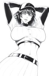  absurdres arms_behind_head baseball_cap baseball_uniform belt breasts cropped_shirt fubuki_(one-punch_man) greyscale hat highres large_breasts layered_sleeves long_sleeves medium_hair monochrome mostlybluewyatt navel one-punch_man short_over_long_sleeves short_sleeves sportswear 