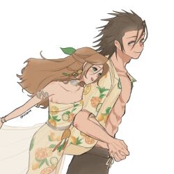  1boy abs aerith_gainsborough aerith_gainsborough_(citric_dress) armlet bare_shoulders black_hair black_shorts blue_eyes blush brown_hair closed_mouth collarbone collared_shirt couple cowboy_shot dress earrings female final_fantasy final_fantasy_vii final_fantasy_vii_ever_crisis from_side green_eyes hair_slicked_back highres holding_hands interlocked_fingers jewelry long_hair looking_at_another male_swimwear matching_outfits neck_ring noi_(noi28224) official_alternate_costume open_clothes open_mouth open_shirt orange_print parted_bangs pectorals print_dress print_shirt see-through see-through_skirt shirt shorts skirt smile spiked_hair strapless strapless_dress swim_trunks toned toned_male twitter_username white_background zack_fair zack_fair_(tropical_beach) 