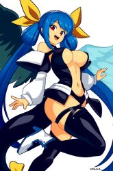  absurdres angel_wings artist_name asymmetrical_wings bare_shoulders belt black_thighhighs blue_hair breasts center_opening choker dizzy_(guilty_gear) female guilty_gear guilty_gear_x guilty_gear_xx hair_ribbon hair_rings high_heels highres large_breasts leg_up looking_at_viewer monster_girl navel open_mouth puffy_sleeves red_eyes ribbon sideboob sidelocks simple_background skindentation smgold solo stomach tail tail_ornament tail_ribbon thigh_strap thighhighs twintails underboob wings yellow_ribbon 