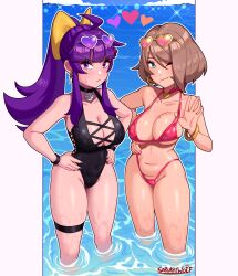  2girls absurdres ahoge bikini black_choker black_one-piece_swimsuit breasts brown_hair choker cleavage earrings english_commentary evalynn_(sarukaiwolf) highres jewelry large_breasts long_hair mole mole_on_breast multiple_girls navel one-piece_swimsuit one_eye_closed original purple_eyes purple_hair sarukaiwolf short_hair sidelocks string_bikini swimsuit violentine_(sarukaiwolf) wet 