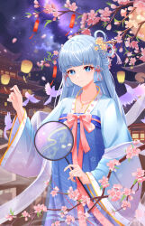  absurdres alternate_costume bird blue_eyes blue_hair blue_kimono bow cherry_blossoms chinese_commentary chinese_text commentary_request female flower genshin_impact hair_flower hair_ornament hand_fan hand_up highres holding holding_fan japanese_clothes kamisato_ayaka kimono light_blue_hair long_hair long_sleeves looking_at_viewer neck_tassel night outdoors patterned_clothing pink_bow sky smile solo star_(sky) starry_sky string_around_finger tassel textless_version translation_request tuanshan upper_body very_long_hair wide_sleeves yellow_flower zhui_ming_ying_xue 