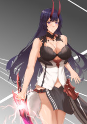  absurdres bare_shoulders breasts commentary demon_horns feet_out_of_frame female freed_turing highres holding holding_sword holding_weapon horns katana large_breasts long_hair purple_eyes purple_hair raiden_mei raiden_mei_(herrscher_of_thunder) red_horns solo sword very_long_hair weapon 