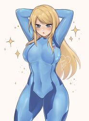  arms_up blonde_hair blue_bodysuit blue_eyes bodysuit breasts cowboy_shot female grey_background hair_down highres large_breasts long_hair metroid mole mole_under_mouth open_mouth purrlucii samus_aran simple_background solo standing thighs very_long_hair zero_suit 