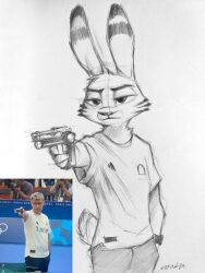  2024 2024_paris_olympics aiming anthro biped clothed clothed_anthro clothed_male clothing disney foxinkartist front_view fur greyscale gun half-length_portrait handgun hi_res holding_gun holding_handgun holding_object holding_pistol holding_ranged_weapon holding_weapon jack_savage lagomorph leporid male male_anthro mammal monochrome olympics pistol portrait rabbit ranged_weapon reference_image solo standing traditional_media_(artwork) weapon yusef_dikec zootopia 