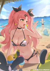  2girls :d amillion_(zenless_zone_zero) anby_demara bangboo_(zenless_zone_zero) beach bikini black_bikini black_ribbon blue_sky breasts cloud day earrings fanbox_username green_bikini green_eyes hair_ribbon heart heart_earrings heart_necklace highres jewelry large_breasts lilpalette long_hair mole mole_on_breast multiple_girls navel necklace nicole_demara ocean open_mouth outdoors patreon_username pink_hair ribbon sharkboo_(zenless_zone_zero) short_hair side-tie_bikini_bottom sky smile standing swimsuit thighs two-tone_bikini two_side_up white_bikini white_hair zenless_zone_zero 