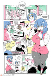  !? 1boy 2girls aella_(modern_mogal) alternate_language amazon_warrior angry arcade arcade_cabinet arcade_stick bare_arms bare_shoulders bike_shorts blue_hair controller dress english_commentary english_text game_controller headband highres indoors joystick leggings limited_palette modern_mogal mother_and_daughter multiple_girls muscular muscular_female musical_note patreon_logo patreon_username playing_games shepherd0821 shouting spaghetti_strap spoken_interrobang spoken_musical_note stool turtleneck turtleneck_dress video_game web_address yellow_eyes 