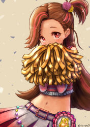  alternate_costume asymmetrical_bangs belt_buckle blush brown_background brown_hair buckle cheerleader commentary confetti covering_own_mouth cowboy_shot crop_top cropped_shirt female gems_company gradient_clothes gradient_skirt grey_skirt hair_ornament hands_up hashtag-only_commentary head_down highres holding holding_pom_poms long_hair looking_at_viewer looking_to_the_side midriff multicolored_belt multicolored_hair naninu_nene navel one_side_up pink_shirt pink_skirt pink_streaks pleated_skirt pom_pom_(cheerleading) pom_pom_(clothes) pom_pom_hair_ornament raised_eyebrows red_eyes shirono shirt sideways_glance simple_background skirt solo star_(symbol) streaked_hair thick_eyelashes twitter_username very_long_hair virtual_youtuber 