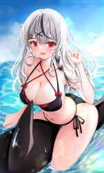  @_@ bikini black_bikini black_hair blue_sky breasts cleavage cloud cocoa2080 double_bikini female grey_hair hair_ornament hairpin highres hololive large_breasts long_hair looking_at_viewer multicolored_hair nail_polish navel red_bikini red_eyes red_nails sakamata_chloe side-tie_bikini_bottom sky solo streaked_hair swimsuit virtual_youtuber water x_hair_ornament 