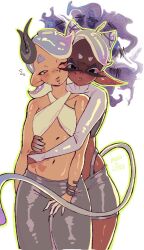  2girls artist_name bare_shoulders blush bonbondecitron cowboy_shot dark-skinned_female dark_skin domino_mask fangs frye_(splatoon) green_outline grey_pants grey_skirt hair_ornament highres looking_at_viewer mask midriff multiple_girls navel official_alternate_costume one_eye_closed outline pants red_eyes shiver_(splatoon) short_hair skirt splatoon_(series) splatoon_3 yuri 