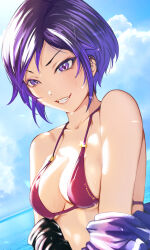  absurdres bikini bikini_top_only blush breasts cloud cloudy_sky female highres open_mouth original purple_eyes purple_hair reina_(tekken) seaside short_hair sky smile solo swimsuit tekken tekken_8 wet_face yuumura_ch 