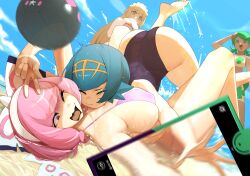  4girls :d absurdres accident ass ball barefoot beachball bikini black_one-piece_swimsuit blonde_hair blue_hair blue_sky breasts cellphone closed_mouth covering_own_mouth day fallen_down grey_hair highres klara_(pokemon) komadera lana_(pokemon) large_breasts lillie_(pokemon) long_hair lying mallow_(pokemon) motion_blur multiple_girls on_back one-piece_swimsuit one_eye_closed open_mouth phone pink_bikini pink_hair pokemon purple_eyes short_hair sky smartphone smile soles string_bikini swimsuit v-shaped_eyebrows 