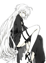  ahoge asymmetrical_dress black_dress black_footwear closed_mouth dress earrings fate/grand_order fate_(series) female foot_out_of_frame haji1nomo high_heels highres invisible_chair jeanne_d&#039;arc_alter_(fate) jeanne_d&#039;arc_alter_(flames_of_applause)_(fate) jewelry knee_up layered_dress long_hair long_sleeves looking_at_viewer puffy_sleeves shoes simple_background sitting smile solo thigh_strap turtleneck turtleneck_dress very_long_hair white_background white_hair yellow_eyes 