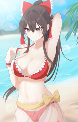  absurdres alternate_costume arm_behind_head beach bikini blue_sky bow breasts brown_eyes brown_hair cleavage closed_mouth commentary_request day female frilled_bow frills hairbow hakurei_reimu highres large_breasts long_hair midriff navel ocean ponytail red_bikini red_bow sand shadow sky solo sweatdrop swimsuit touhou undersized_clothes wa_layla water wrist_cuffs 