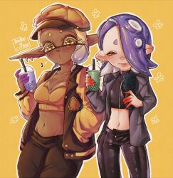  2girls black_jacket black_pants blonde_hair blue_hair bonbondecitron breasts bubble_tea cleavage cowboy_shot cup dark-skinned_female dark_skin domino_mask frye_(splatoon) hand_in_pocket hat highres holding holding_cup jacket mask medium_breasts midriff multiple_girls navel outline pants pointy_ears red_eyes shiver_(splatoon) simple_background splatoon_(series) splatoon_3 suction_cups tentacle_hair white_outline yellow_background yellow_eyes yellow_hat 