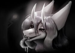  absurd_res alien bodily_fluids drooling female flophelia hair hi_res horn intersex_(lore) long_hair long_tail looking_at_viewer monochrome saliva saliva_on_tongue saliva_string simple_background smile smiling_at_viewer tail thesium tongue 