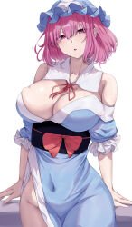  absurdres blue_hat blue_kimono breasts cleavage collarbone cowboy_shot female hat highres japanese_clothes kimono large_breasts looking_at_viewer mirufui no_panties pink_eyes pink_hair saigyouji_yuyuko short_hair solo touhou triangular_headpiece 