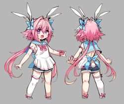  1boy alternate_costume animal_ears arm_bow arm_ribbon astolfo_(fate) astolfo_(saber)_(fate) back_bow backless_outfit blue_bow blue_serafuku blue_shorts bow deformed fake_animal_ears fate/apocrypha fate_(series) footwear_bow from_behind full_body grey_background hair_between_eyes hair_intakes hairbow haoro highres large_bow light_blush long_hair low_twintails male_focus multicolored_hair multiple_animal_ears multiple_views oerba_yun_fang open_mouth otoko_no_ko outstretched_arms pink_bow pink_hair purple_eyes rabbit_ears rabbit_tail ribbon school_uniform serafuku short_shorts shorts simple_background single_thighhigh skin_fang spread_arms standing streaked_hair tail thighhighs twintails two-tone_hair very_long_hair white_hair white_thighhighs wrist_ribbon 