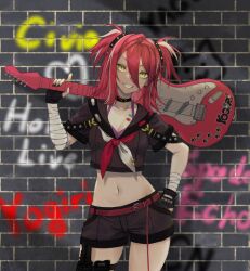  absurdres bandaid belt black_gloves black_nails black_shirt black_shorts bra breasts brick_wall character_name cleavage copyright_name female fingerless_gloves gloves graffiti grin guitar hair_between_eyes heart highres holding holding_guitar holding_instrument hololive hololive_china instrument multicolored_hair navel neckerchief ocha_(ocha_illust) paw_print purple_bra red_belt red_hair shirt shorts smile solo teeth two-tone_hair two_side_up underwear virtual_youtuber white_hair yellow_eyes yogiri_(hololive) 