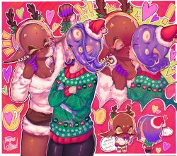  ! !! 2girls antlers artist_name blonde_hair blue_hair blush bonbondecitron bow christmas christmas_sweater cowboy_shot dark-skinned_female dark_skin domino_mask earrings english_commentary frye_(splatoon) full-face_blush green_sweater hat heart highres horns jewelry mask mistletoe multiple_girls multiple_views pointy_ears red_bow reindeer_antlers santa_hat shiver_(splatoon) speech_bubble splatoon_(series) splatoon_3 suction_cups sweater tentacle_hair tooth_earrings yuri 