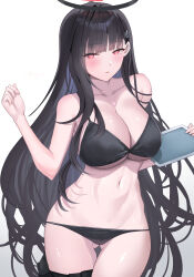  ass_visible_through_thighs bare_arms bikini black_bikini black_halo blue_archive blush breasts cleavage closed_mouth collarbone commentary_request cowboy_shot female hair_ornament hairpin halo hands_up highres holding holding_tablet_pc holster large_breasts long_hair looking_at_viewer mechanical_halo navel red_eyes rio_(blue_archive) shougun_(chuckni1) simple_background solo stomach swimsuit tablet_pc thigh_holster very_long_hair white_background 