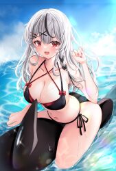  bikini black_bikini black_hair blue_sky breasts cleavage cloud cocoa2080 double_bikini female grey_hair hair_ornament hairpin highres hololive large_breasts long_hair looking_at_viewer multicolored_hair nail_polish navel red_bikini red_eyes red_nails sakamata_chloe side-tie_bikini_bottom sky solo streaked_hair swimsuit virtual_youtuber water x_hair_ornament 