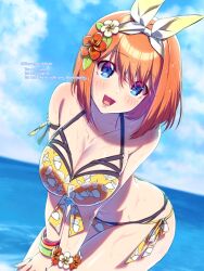  bikini blue_eyes blush bracelet breasts breasts_squeezed_together cleavage collarbone dutch_angle female flower go-toubun_no_hanayome hair_flower hair_ornament hair_ribbon hands_on_own_thighs highres horizon jewelry large_breasts layered_bikini leaning_forward looking_at_viewer multiple_bracelets nakano_yotsuba navel ocean open_mouth orange_hair outdoors ribbon short_hair sky solo swimsuit teeth twitter_username upper_teeth_only yellow_ribbon yu_(flowerbird3830) 