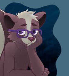  2024 anthro brown_body brown_fur digital_drawing_(artwork) digital_media_(artwork) eyewear fur gentle_(thetamule) glasses hair hammymushpants hand_on_chin looking_at_viewer male mammal mephitid purple_eyes sad simple_background skunk solo white_hair 