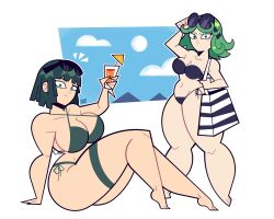  2girls absurdres adjusting_eyewear alternate_breast_size alvaro_gonzalez angry arm_up ass bag barefoot bikini black_bikini blue_sky breasts cleavage closed_mouth cloud collarbone cup curvy drink eyeliner eyewear_on_head fubuki_(one-punch_man) full_body furrowed_brow glass green_eyes green_hair groin halterneck handbag highres holding holding_drink huge_breasts knees knees_up large_breasts legs legs_apart light_smile looking_at_viewer makeup multiple_girls navel on_floor one-punch_man outline short_hair siblings side-tie_bikini_bottom sideboob signature sisters sitting sky smile standing stomach straight_hair strapless sunglasses swimsuit tatsumaki thick_thighs thigh_strap thighs toon_(style) wavy_hair white_background wide_hips 