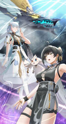  2girls 2others abby_(wuthering_waves) absurdres anoreika_tomoe antenna_hair bare_shoulders black_bow black_collar black_dress black_hair boots bow breasts bright_pupils cleavage coat collar colored_inner_hair commentary dragon dress earrings eastern_dragon female_rover_(wuthering_waves) hair_ornament hair_ribbon hairbow hairclip hand_up highres jewelry jinhsi_(wuthering_waves) jue_(wuthering_waves) kuji-in large_breasts long_hair looking_at_another low_twintails multicolored_hair multiple_girls multiple_others open_mouth pangu_terminal_(wuthering_waves) ribbon rover_(wuthering_waves) sideboob sidelocks tacet_mark_(wuthering_waves) thigh_boots thigh_strap twintails two_side_up very_long_hair white_coat white_eyelashes white_eyes white_footwear white_hair white_pupils wuthering_waves yellow_eyes yellow_ribbon 