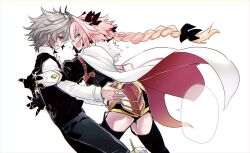  2boys androgynous antenna_hair arm_belt astolfo_(fate) black_bow black_pants black_vest blank_speech_bubble bow braid closed_eyes cowboy_shot dress_shirt fate/apocrypha fate_(series) grey_hair hair_between_eyes hair_intakes hairbow haoro happy_tears hug leaning_back long_braid long_hair male_focus multicolored_hair multiple_boys oerba_yun_fang open_mouth otoko_no_ko pants pink_hair red_eyes shirt sieg_(fate) simple_background single_braid skin_fang smile speech_bubble streaked_hair teardrop tears two-tone_hair very_long_hair vest white_background white_hair white_shirt 