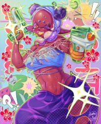  ! !! !? +_+ 2girls artist_name big_man_(splatoon) blueberry blueberry_hair_ornament bonbondecitron breasts cleavage colored_tongue cowboy_shot dark-skinned_female dark_skin domino_mask english_text fangs flower food food-themed_hair_ornament fruit frye_(splatoon) green_outline hair_ornament highres holding holding_water_gun looking_at_viewer mask midriff multiple_girls navel one_eye_closed outline red_flower shiver_(splatoon) solo_focus splatoon_(series) splatoon_3 sweatdrop toned toned_female water_gun yellow_eyes yellow_tongue 