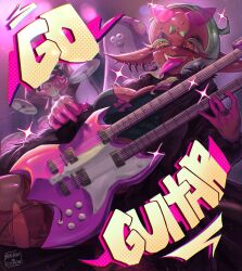  1boy 2girls artist_name big_man_(splatoon) bonbondecitron dark-skinned_female dark_skin domino_mask double_neck_guitar earrings english_commentary english_text eyewear_on_head frye_(splatoon) green_hair halftone highres holding holding_instrument instrument jewelry looking_at_viewer mask multiple_girls pink-tinted_eyewear pink_hair shiver_(splatoon) solo_focus splatoon_(series) splatoon_3 tentacle_hair tinted_eyewear tongue tongue_out tooth_earrings yellow_eyes 