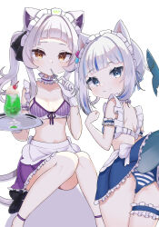  2girls alternate_costume animal_ears apron ass bikini blue_eyes blue_skirt blunt_bangs bow breasts bridal_garter brown_eyes cat_ears cat_tail commentary_request fins fish_tail food frilled_skirt frills from_behind front-tie_bikini_top front-tie_top gawr_gura gloves grey_hair highres holding holding_tray hololive hololive_english ice_cream ice_cream_float ichipon1515 knees_together_feet_apart long_hair looking_at_viewer looking_back maid_headdress melon_soda multiple_girls murasaki_shion purple_bikini purple_skirt shark_girl shark_tail simple_background sitting skirt small_breasts stitched_tail swimsuit tail tail_bow tail_ornament tray twintails utensil_in_mouth virtual_youtuber waist_apron white_background white_gloves 