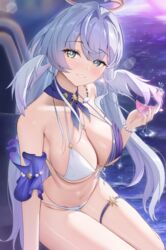  adapted_costume alternate_costume aqua_eyes bad_id bad_pixiv_id bead_bracelet beads bikini bracelet breasts cleavage collar cup detached_collar detached_sleeves drink drinking_glass female hair_intakes halo head_wings highres holding holding_cup honkai:_star_rail honkai_(series) jewel_under_eye jewelry jim199909 knees_out_of_frame large_breasts light_blush long_hair looking_at_viewer navel origami_bird_(honkai:_star_rail) paid_reward_available purple_collar purple_sleeves robin_(honkai:_star_rail) sideboob sitting skindentation smile solo swimsuit teeth thigh_strap underboob water wet white_bikini white_hair wings 