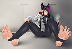  absurdres baggy_pants bare_shoulders black_hair bodysuit breasts candy capcom_cup cellphone chinese_clothes commentary cosplay drill_hair easonx feet female food foot_focus foreshortening gloves glowing glowing_eye highres holding holding_phone hololive hood hood_down hoodie jewelry juri_han legs lollipop looking_at_viewer nail_polish navel no_shoes ookami_mio ookami_mio_(casual) ookami_mio_(cosplay) pants phone purple_hair smartphone soles solo spikes spread_toes stirrup_legwear street_fighter street_fighter_6 street_fighter_v tank_top toeless_legwear toenail_polish toenails toes twin_drills 